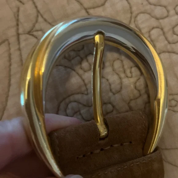 Y2K Big Wide Brown Suede Belt with Gold & Silver Buckle Sueded Pigskin, Size L - Picture 8 of 8
